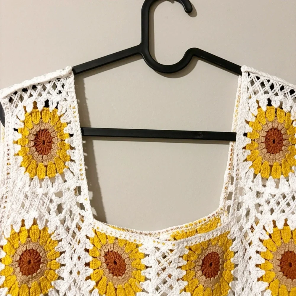 Crochet 100% cotton top sunflower one size summer, casual,  relax - Picture 2 of 4